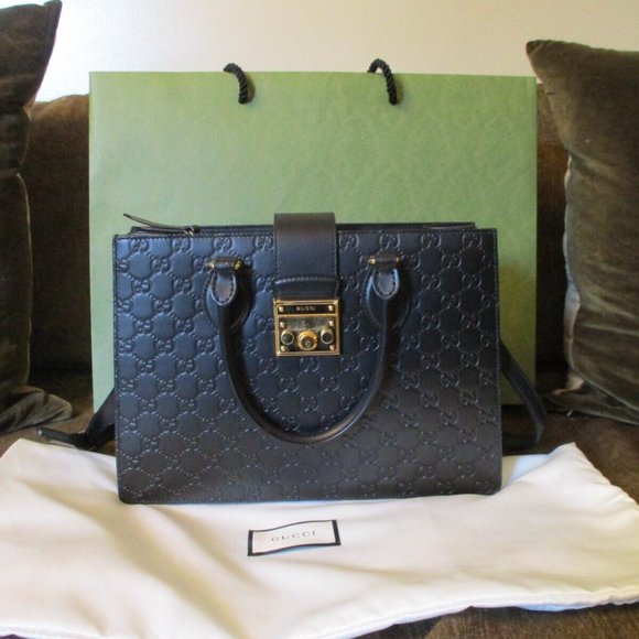 Gucci GG Black Embossed Leather Tote Purse with Shoulder Strap $2,700+